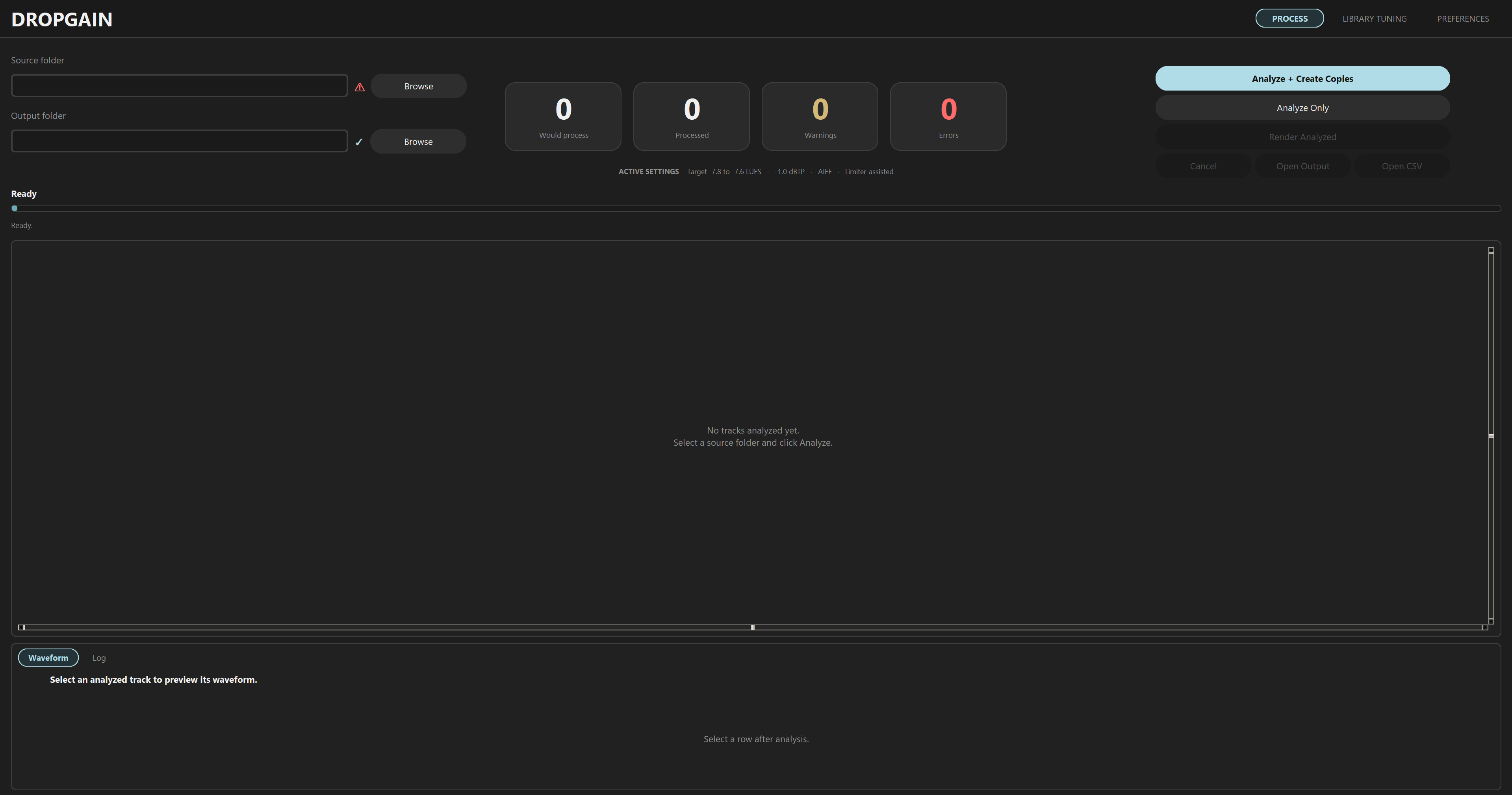 DropGain application showing library analysis table and waveform preview